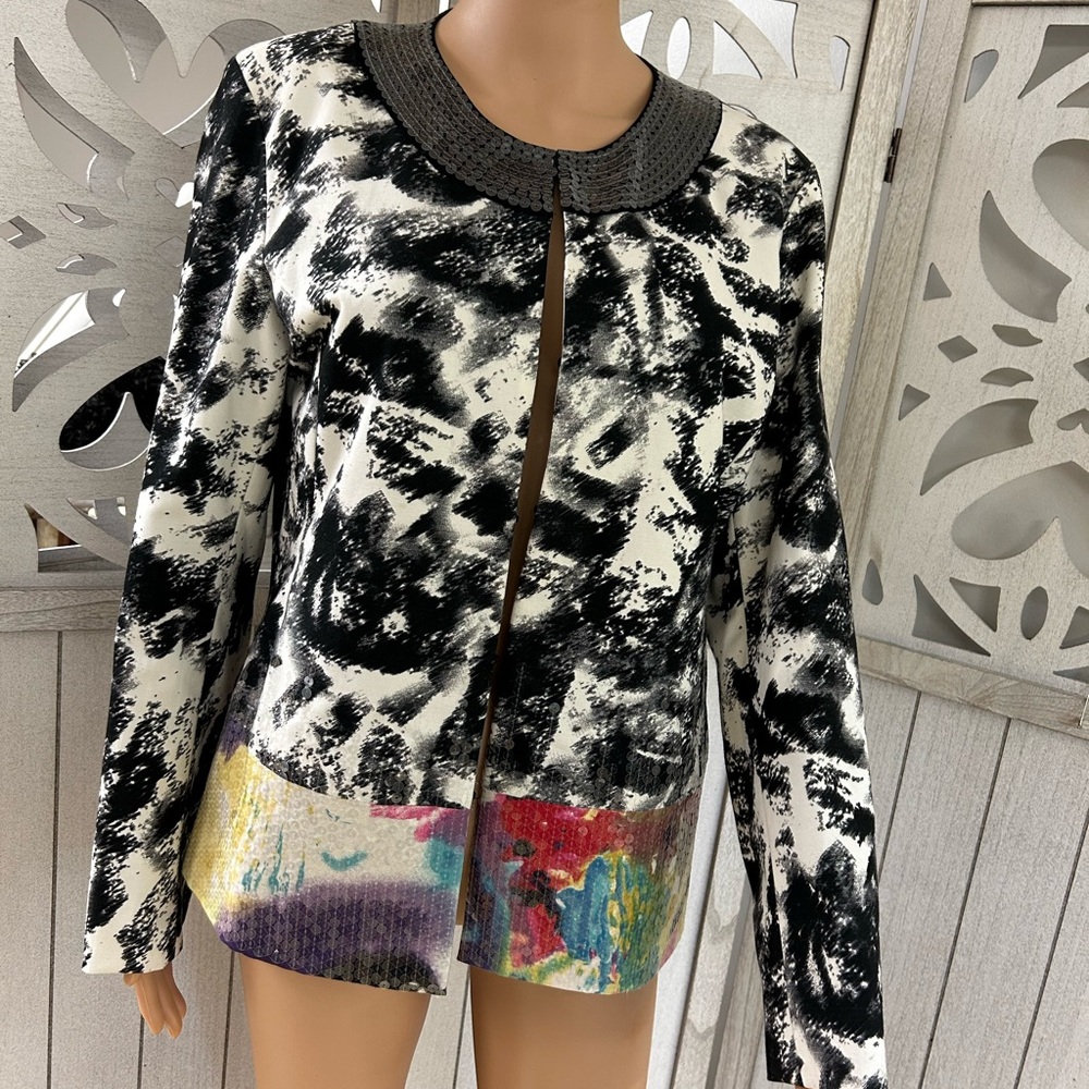 Chico's Black and White Abstract Blazer with Colorful Hem Geisha